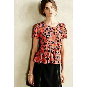 Anthropologie HD in Paris Multicolor 100% Silk Printed Ruffle Blouse Top Size 4